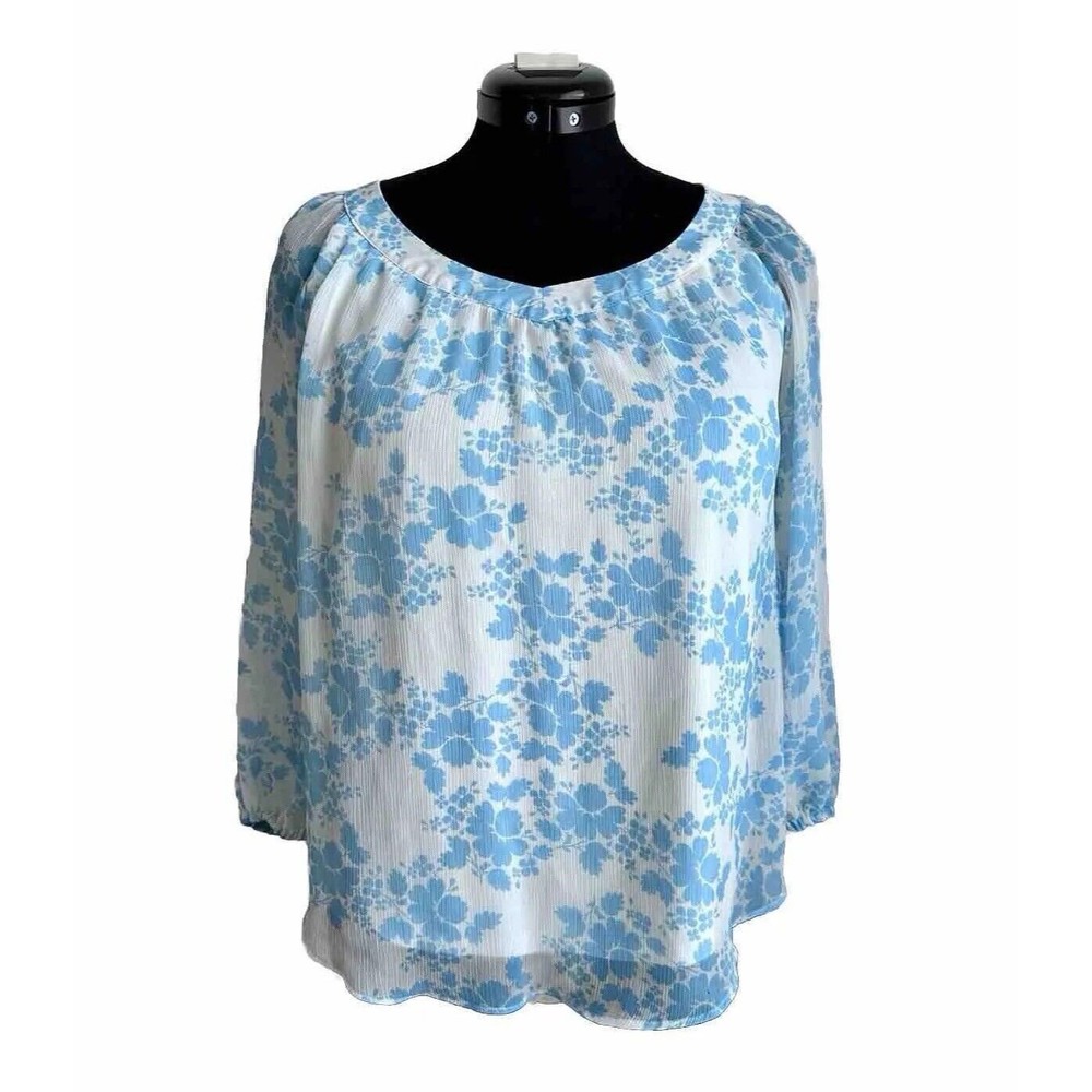 Lauren Conrad Blue Floral Flowy Shirt Peasant Top 3/4 Bishop Sleeve Size Small